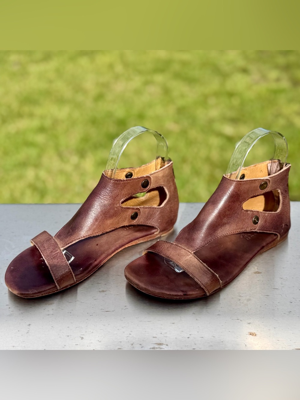 Bed Stu Brown Leather Open-Toe Zip-Back Sandals